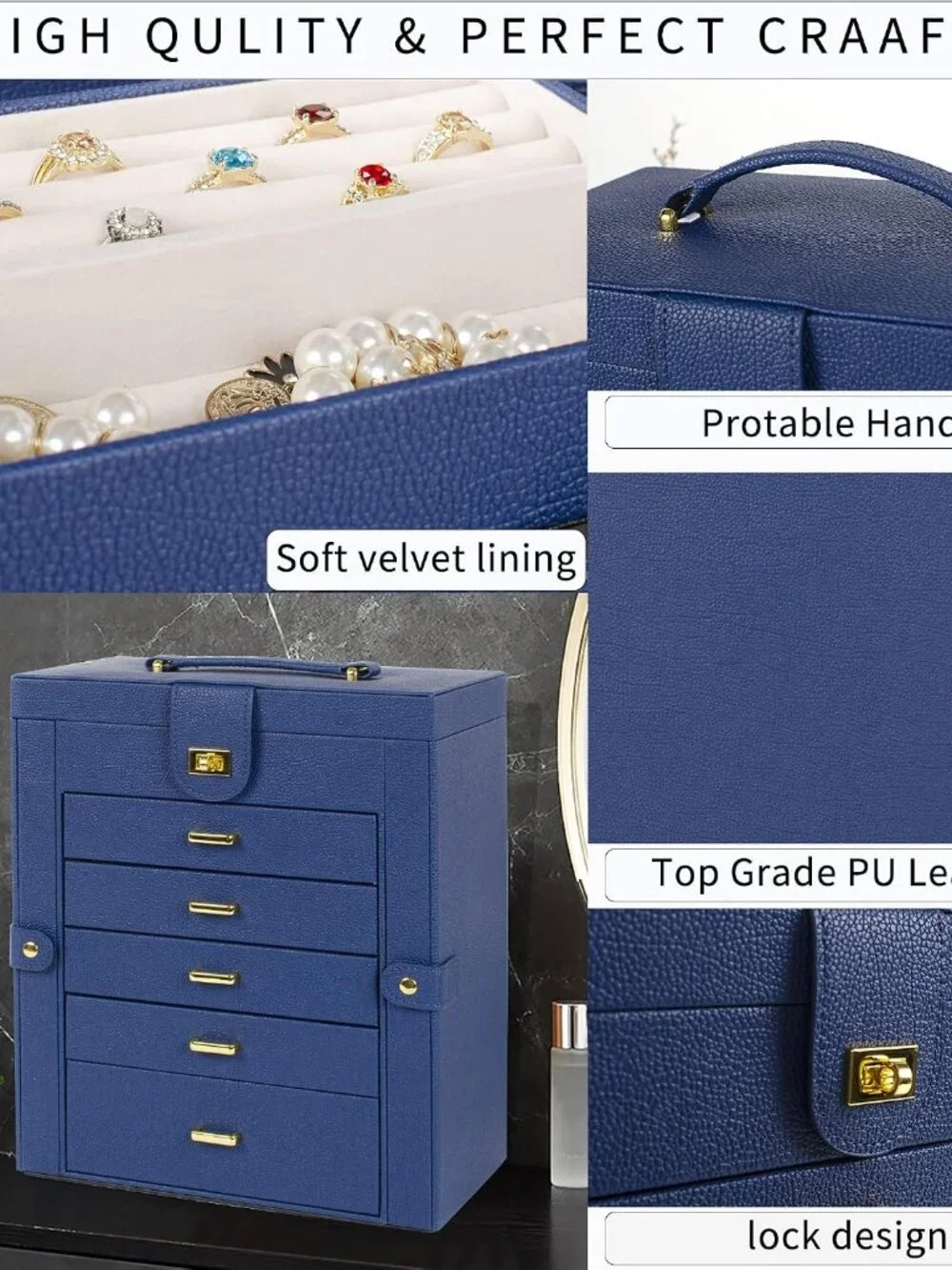 Elegant 6-Tier Leather Jewelry Organizer with Mirror & Large Capacity
